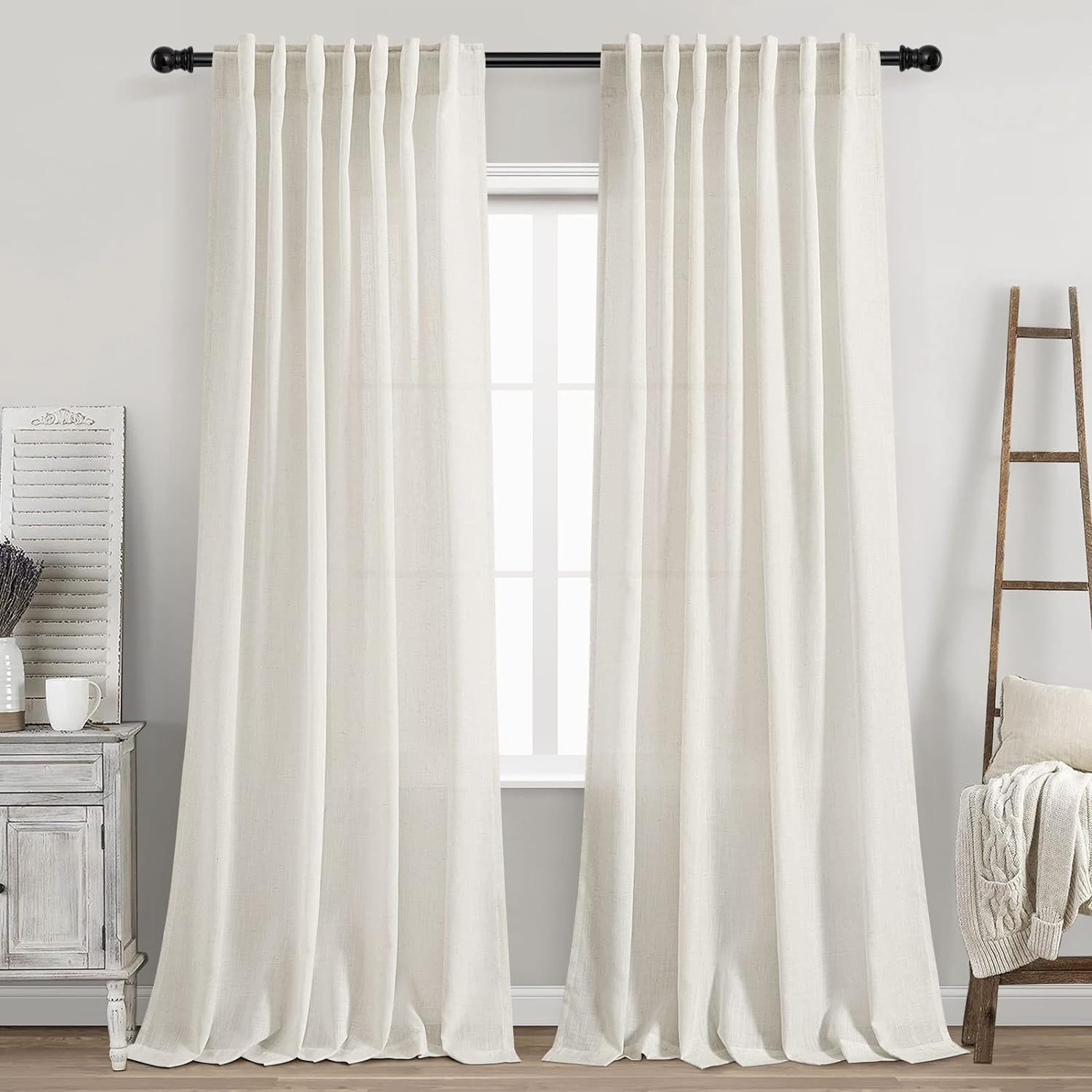 Privacy Filter 2Pack - Rideaux en lin crème à languettes